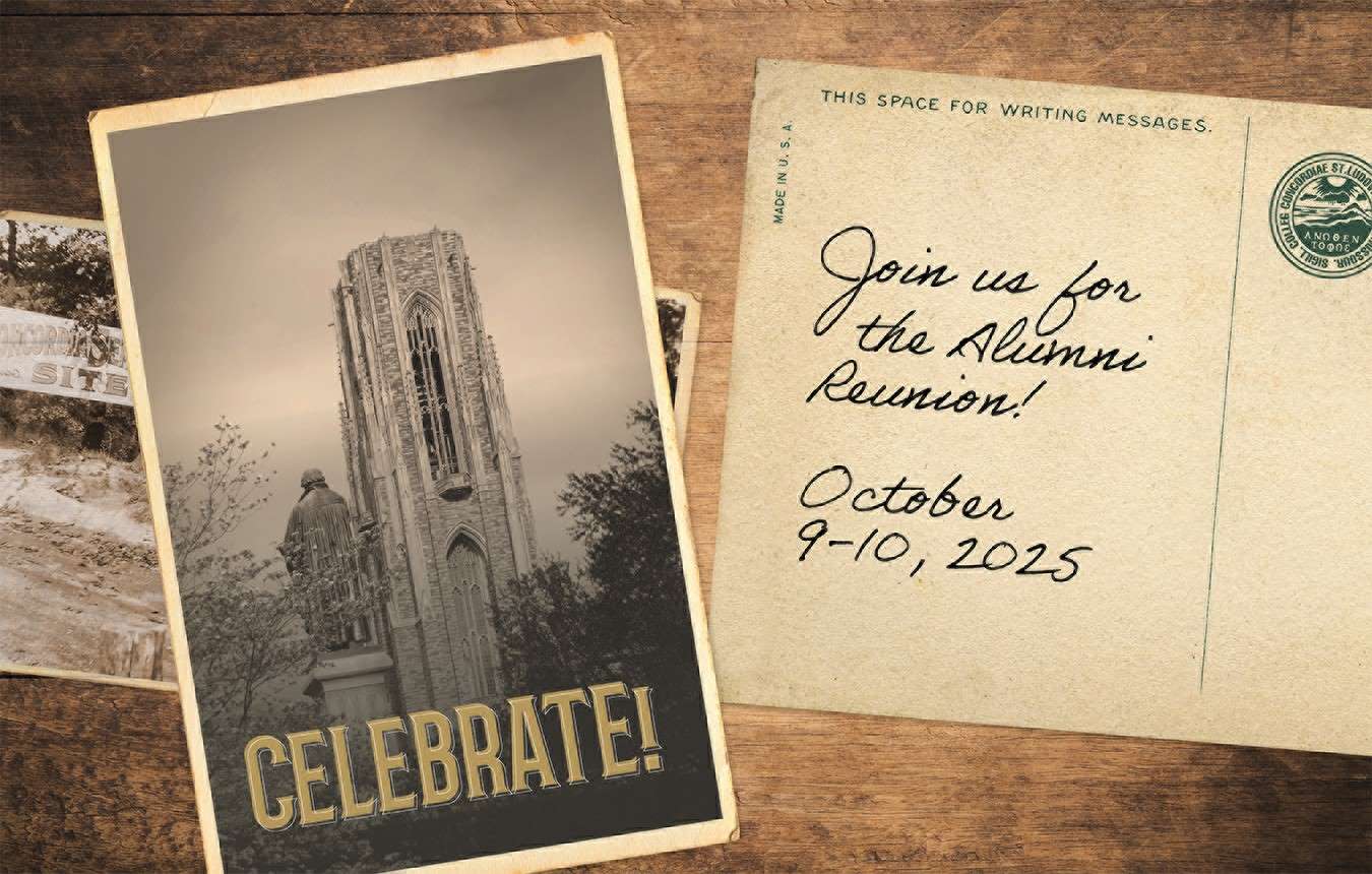 Image of vintage-style postcard with invitation to the 2025 Alumni Reunion